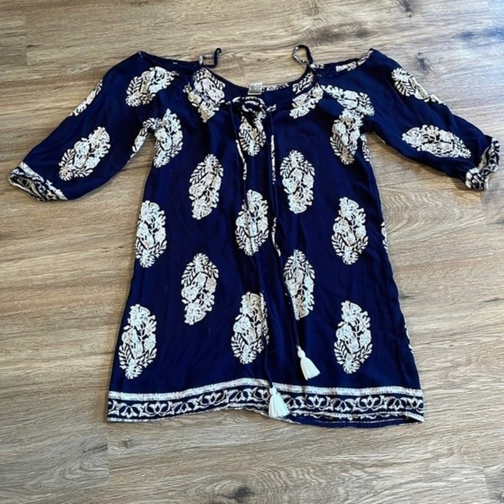 Devi Blue Quarter Sleeve Off Shoulder Dress with Tassel Detail